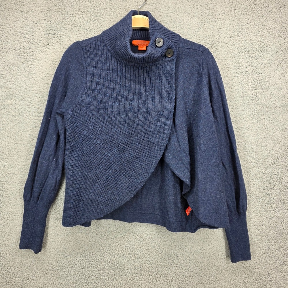Christopher Fischer Navy Blue 100% Wool Asymmetrical Wrap Button Funnel Sweater